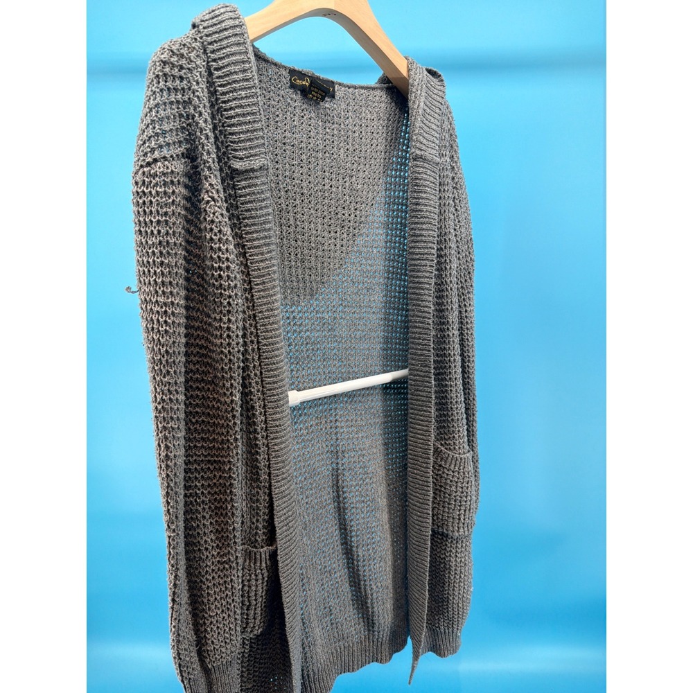 Coco and Shay Gray Open Knit Hooded Cardigan Sweater Pockets JVN1003 Small